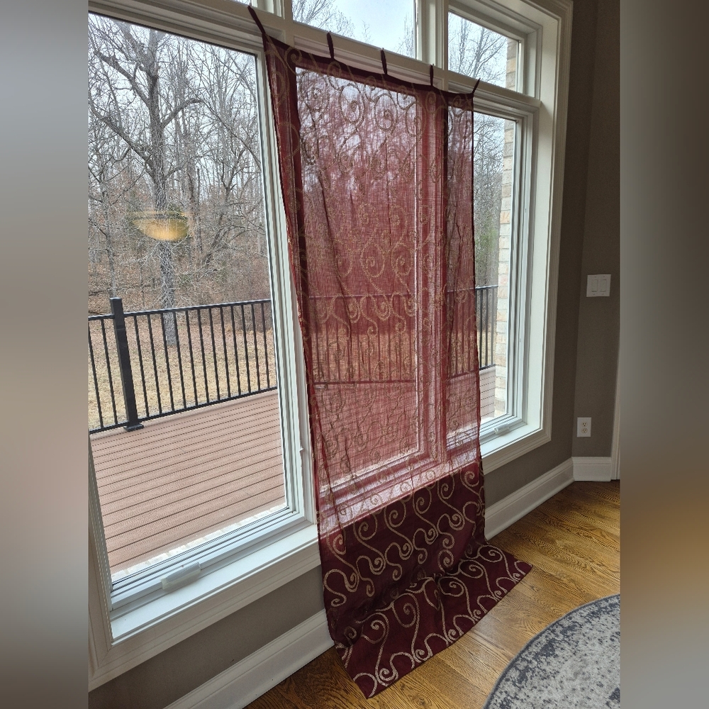 2 Burgundy Sheer Curtain Panels w/White Stitched Design